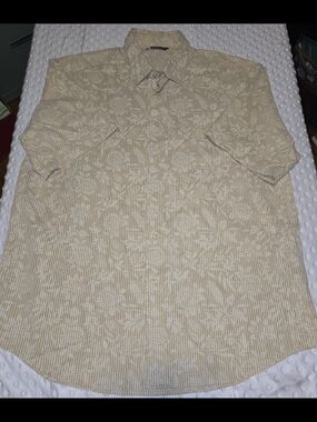 Hobie Mens L Cream Checked Floral Textured Grid Short Sleeve Button Up Casual